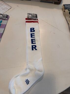 White Athletic Knee-High Socks with Blue 'BEER' Lettering and Red Stripes